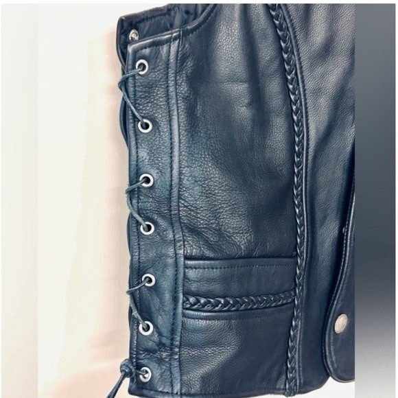 Unik Black Leather Vest with Lace-Up Sides, Braided Leather, HOG Patches LARGE - Picture 9 of 15